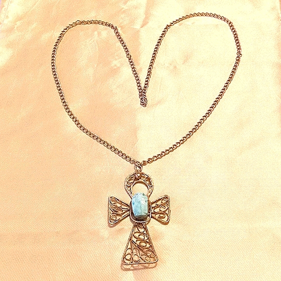 Angel Cross Pendant!  Large Turquoise Stone in Filigree Pewter Cross! 👼✝️ - Picture 2 of 6